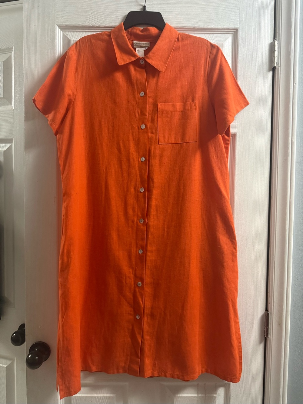 Coldwater Creek Orange Button-Front Linen-Cotton Midi Dress